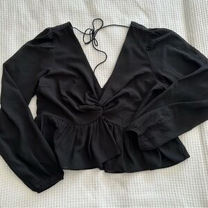 H&M Black Peplum Cropped Long Sleeve Top with V-Neck and Twist Front